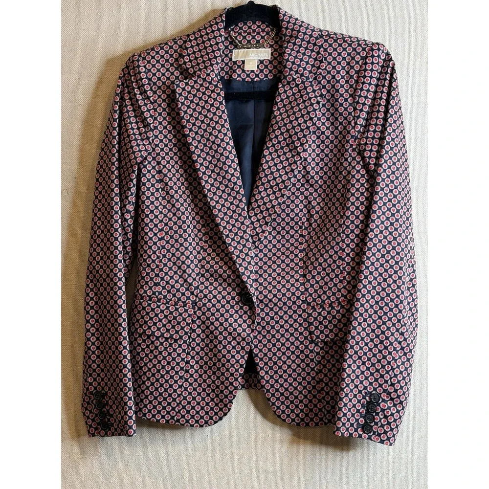 Michael Kors Womens Blazer Jacket Coat Circle Print In Navy/Red/White Size 6 EUC